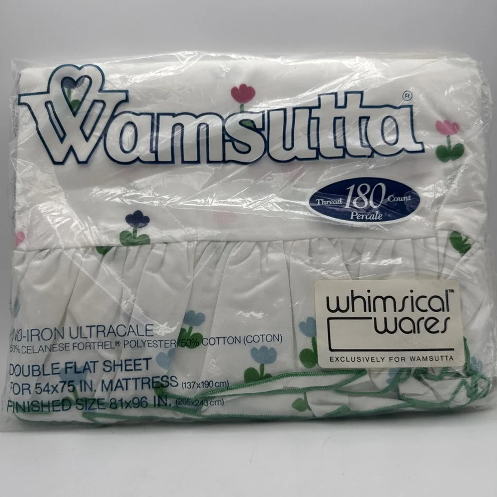 Vintage 70s Sheet Wamsutta Buttercups FULL FLAT White Floral Tulips Ruffle USA
